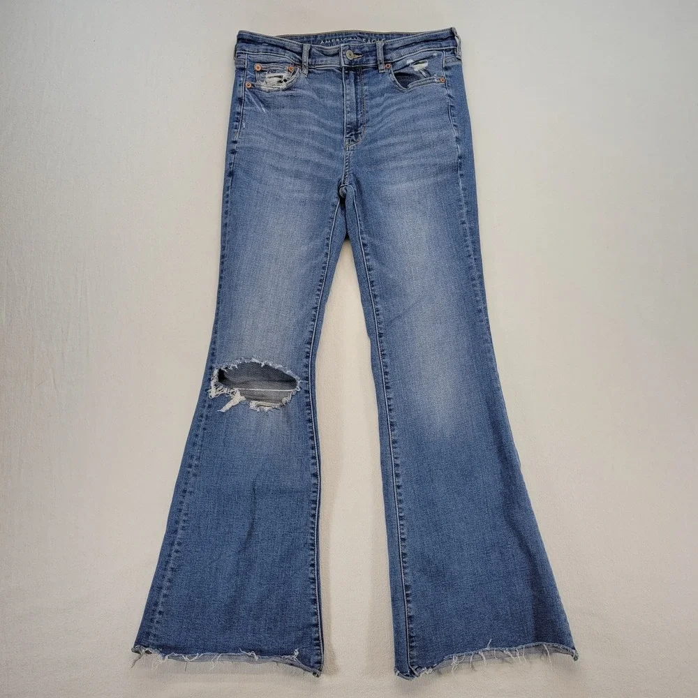 American Eagle Jeans Womens 4 Super High Rise Flare Raw Hem Stretch Ripped Denim - Picture 1 of 11